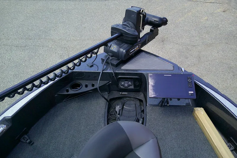 Slide: The Image of Front deck of 2026 Nitro ZV20 boat with trolling motor and electronic display. - 11