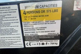 Slide: The Image of 2026 Nitro Z20 XL capacity label, maximum 4 persons or 575 lbs, safety compliance details. - 7