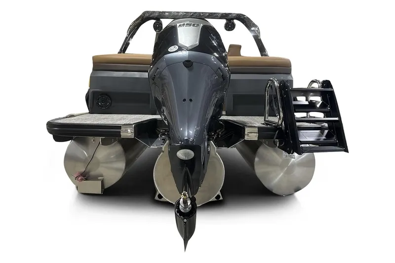 Slide: The Image of 2026 Bennington 24 MFBA pontoon boat, rear view with motor and ladder. - 6