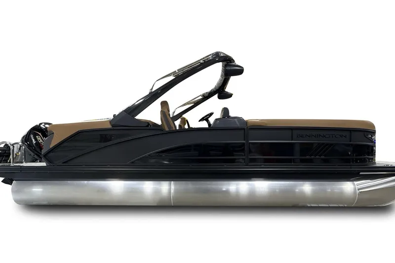 Slide: The Image of 2026 Bennington 24 MFBA pontoon boat, sleek black design with modern features. - 7