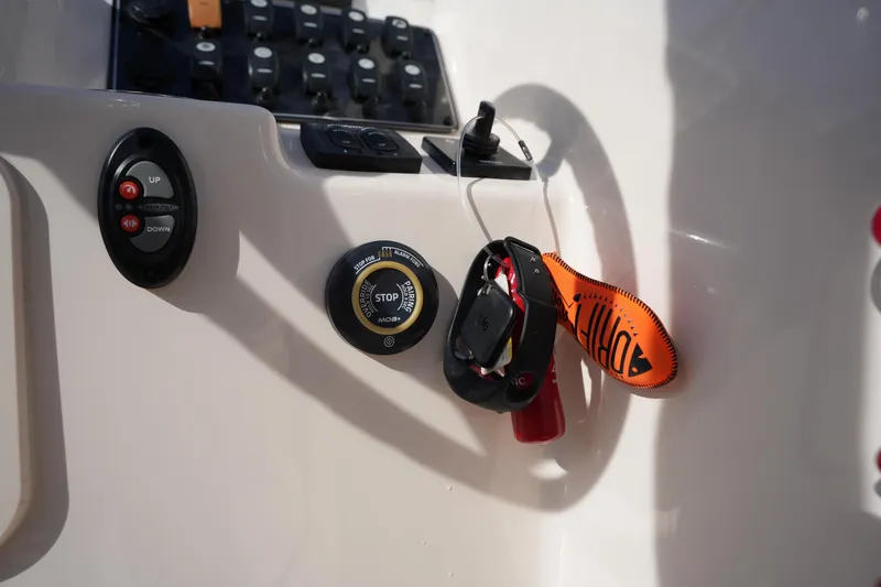 Slide: The Image of Control panel of 2021 Grady-White Freedom 215 boat with safety features. - 30