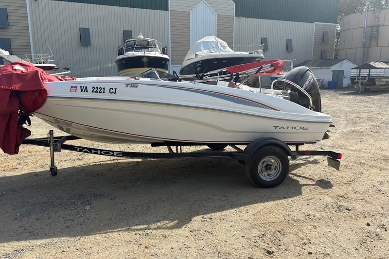 Slide: The Image of 2022 Tahoe T16 boat on trailer in outdoor storage area. - 2