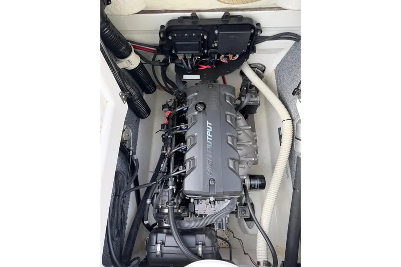 Slide: The Image of 2016 Yamaha Boats SX190 engine compartment showcasing high output engine components. - 7