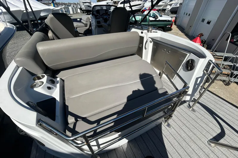 Slide: The Image of 2023 Sylva S3 boat interior with gray seating and stainless steel railings. - 5