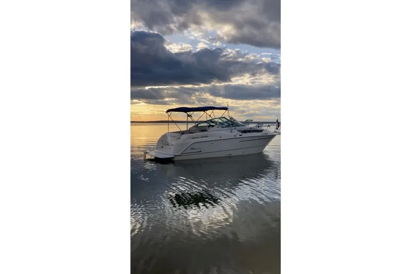 Slide: The Image of 2000 Chaparral Signature 270 boat on trailer, named "Sadie Lady," with blue canopy. - 6