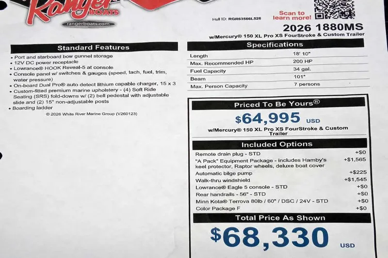 Slide: The Image of 2026 Ranger 1880MS A Pack Equipped boat specifications and pricing details. - 3