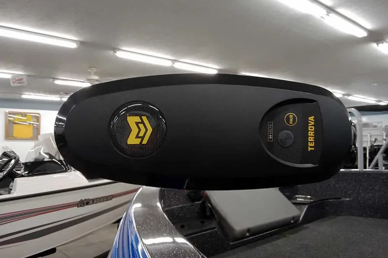 Slide: The Image of Close-up of a 2026 Ranger 1880MS A Pack Equipped boat's Terrova motor in a showroom. - 6