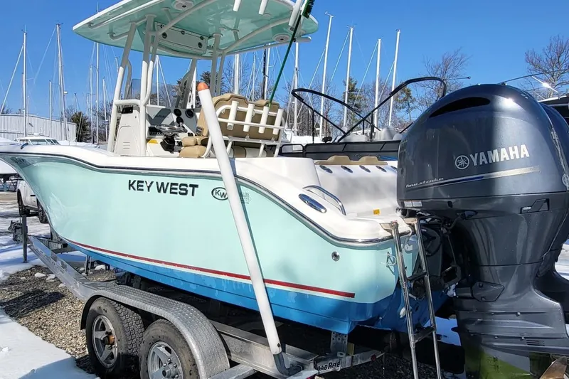 Slide: The Image of 2019 Key West 244 Center Console boat with Yamaha engine on trailer. - 6