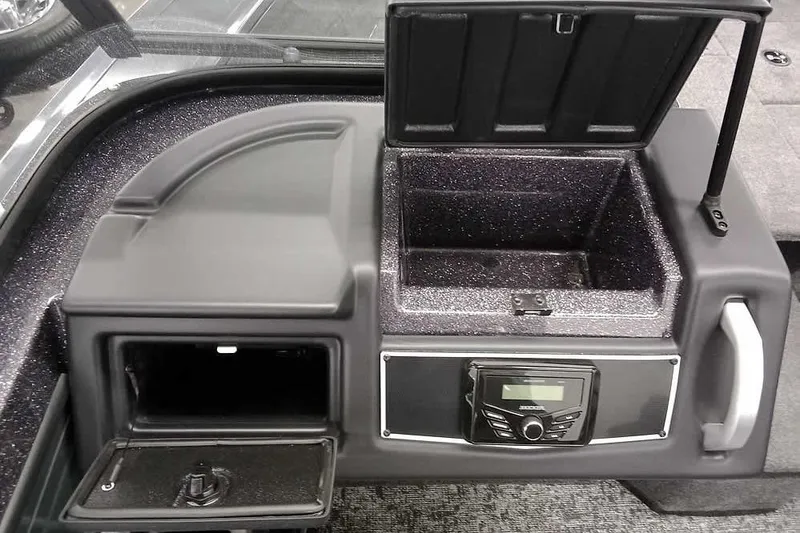 Slide: The Image of 2026 Ranger VX1888 WT boat console with storage compartments and control panel. - 16