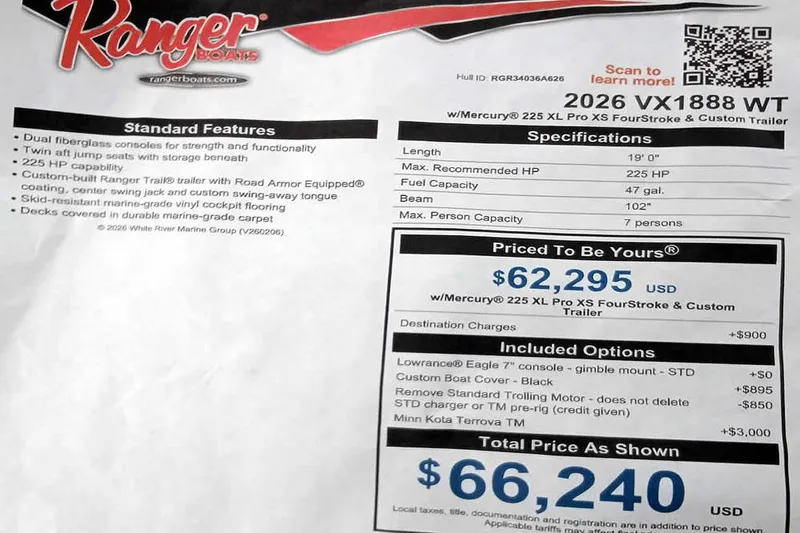 Slide: The Image of 2026 Ranger VX1888 WT boat specifications and pricing details sheet. - 2