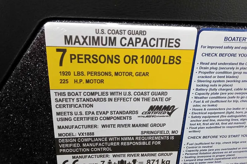 Slide: The Image of 2026 Ranger VX1888 WT boat capacity label: 7 persons, 1000 lbs, 225 HP motor. - 21