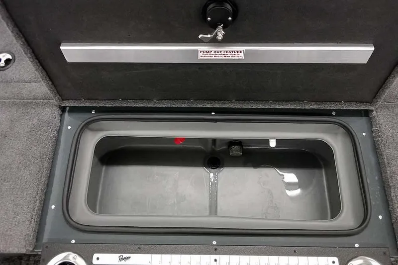 Slide: The Image of Livewell compartment in 2026 Ranger VX1888 WT boat, featuring pump-out system. - 27