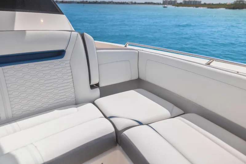 Slide: The Image of Luxurious seating on 2021 Tiara Sport 34 LS boat with ocean view. - 45