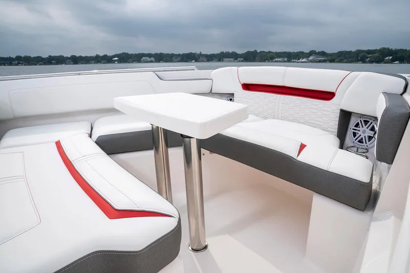 Slide: The Image of Manufacturer Provided Image: 2021 Tiara Sport 34 LS boat interior with white and red seating. - 7