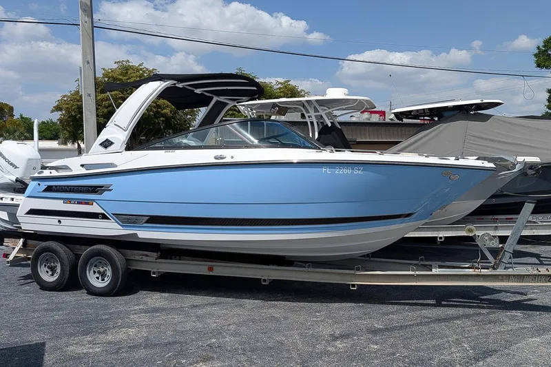 The Image of 2021 Monterey 255SS Super Sport boat on trailer, blue and white design, parked outdoors. - 0