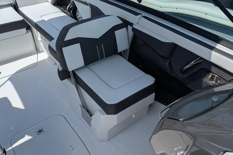 Slide: The Image of 2021 Monterey 255SS Super Sport boat interior with sleek seating design. - 18