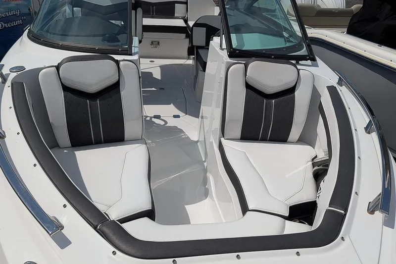 Slide: The Image of 2021 Monterey 255SS Super Sport boat interior with sleek, modern seating design. - 22