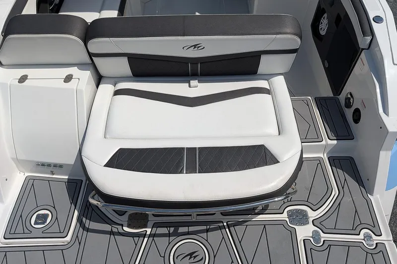 Slide: The Image of 2021 Monterey 255SS Super Sport boat interior with stylish seating and modern design. - 6