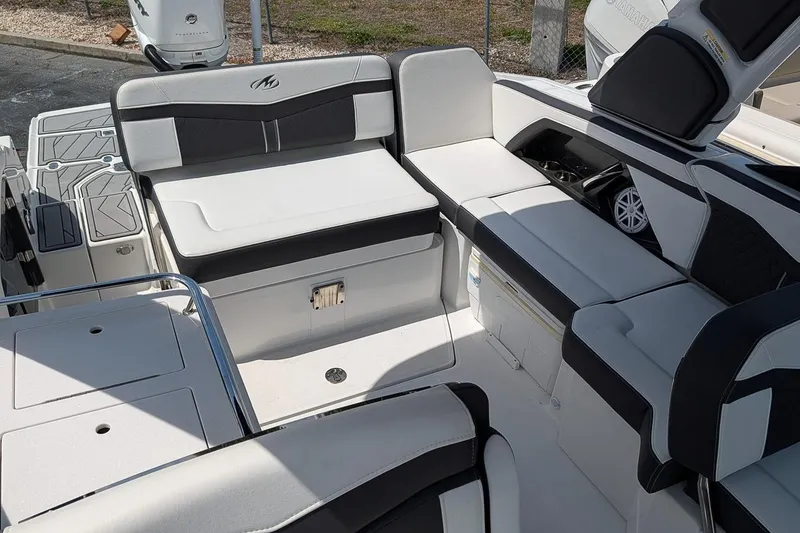 Slide: The Image of 2021 Monterey 255SS Super Sport boat interior with sleek seating and modern design. - 9
