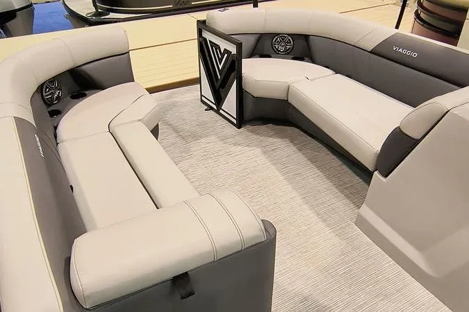 Slide: The Image of Luxurious interior of 2026 Viaggio V22U pontoon boat with plush seating. - 4