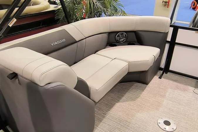 Slide: The Image of Luxurious seating in 2026 Viaggio V22U boat, featuring plush upholstery and modern design. - 9