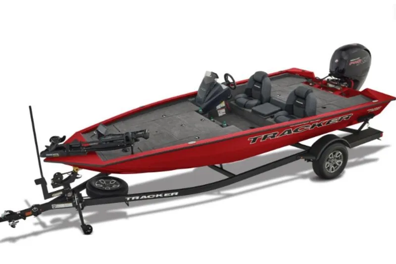 The Image of Red 2026 Tracker Pro Team 195 fishing boat on trailer, featuring dual seats and motor. - 1