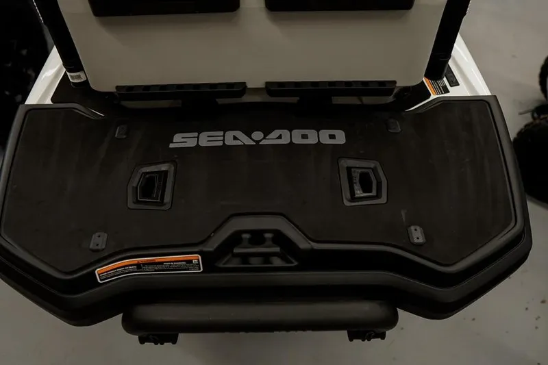 Slide: The Image of 2026 Sea-Doo FishPro Sport 170 rear deck with logo and storage features. - 10