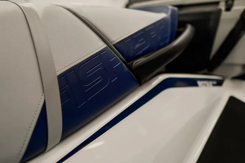 Slide: The Image of Close-up of 2026 Sea-Doo FishPro Sport 170 seat with embossed logo. - 19