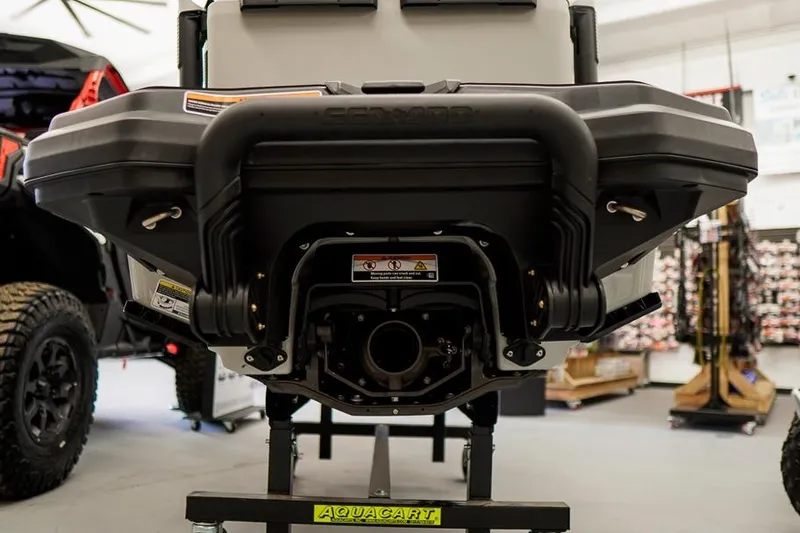 Slide: The Image of 2026 Sea-Doo FishPro Sport 170 rear view in showroom, showcasing robust design. - 3