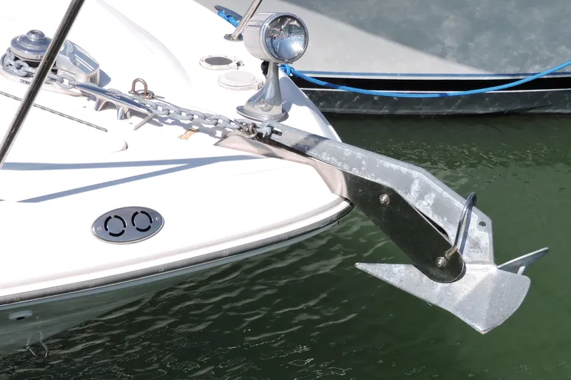 Slide: The Image of Close-up of 2002 Sea Ray 310 Sundancer anchor and bow details. - 44