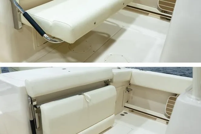 Slide: The Image of 2025 Grady-White Fisherman 257 boat seating area with foldable bench and cushioned seats. - 4