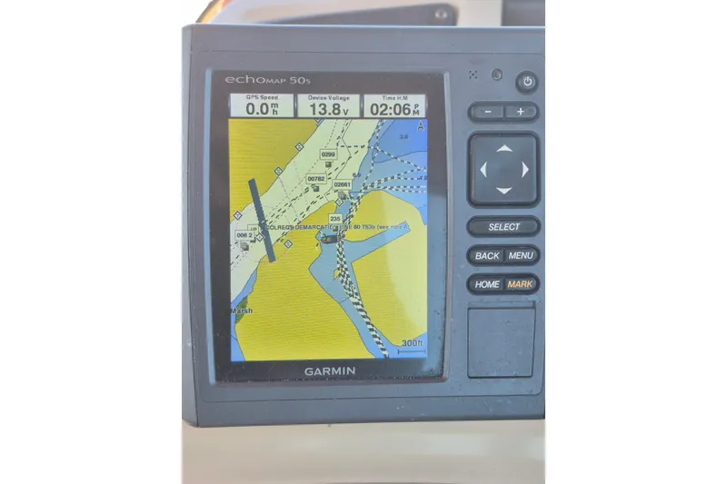 Slide: The Image of Garmin GPS display on 2012 Bennington 22 SSI boat, showing navigation map and data. - 17