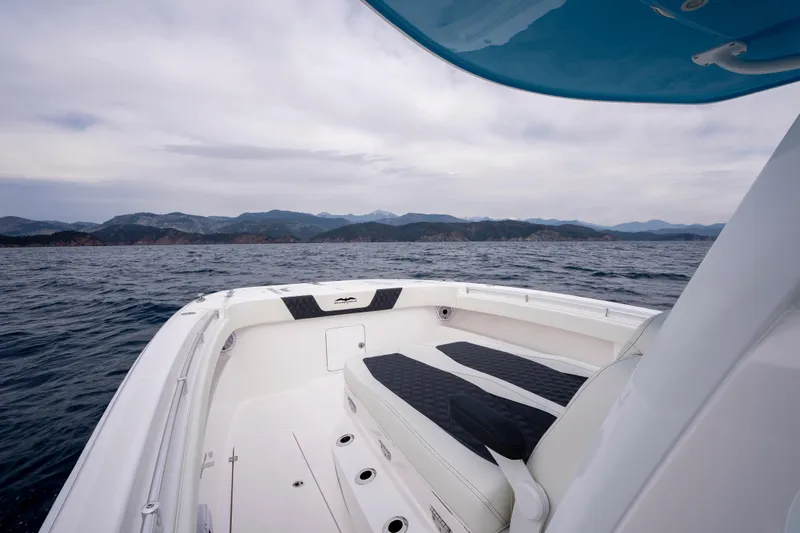 Slide: The Image of 2024 Invincible 33 Catamaran cruising on open sea with scenic mountain backdrop. - 11