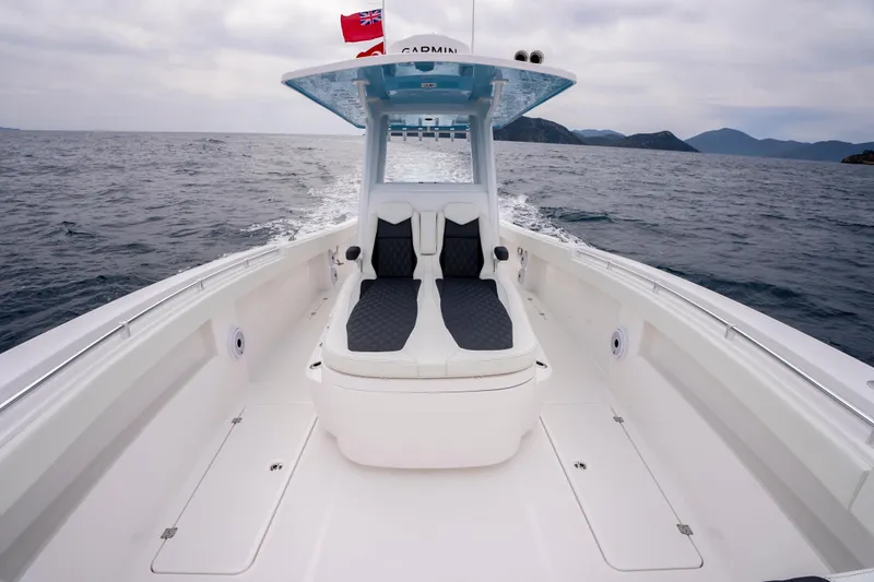 Slide: The Image of 2024 Invincible 33 Catamaran cruising on open water, featuring sleek seating and modern design. - 12