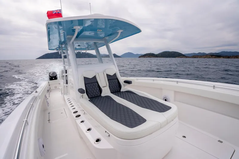 Slide: The Image of 2024 Invincible 33 Catamaran cruising on open water with scenic island backdrop. - 13