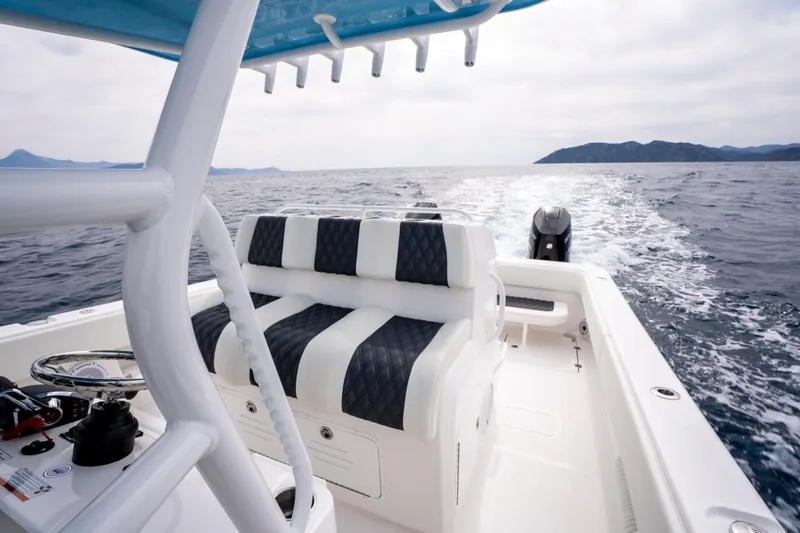 Slide: The Image of 2024 Invincible 33 Catamaran cruising on open water, featuring sleek seating and modern design. - 21