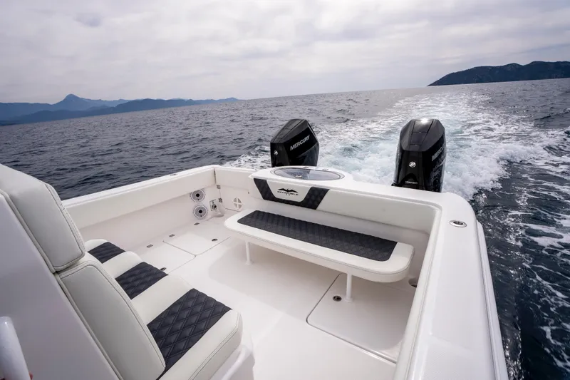 Slide: The Image of 2024 Invincible 33 Catamaran cruising on open water, showcasing sleek design and powerful engines. - 26