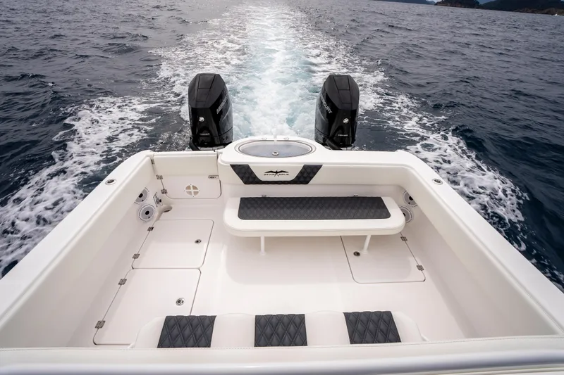 Slide: The Image of 2024 Invincible 33 Catamaran cruising on open water, showcasing twin engines and spacious deck. - 27