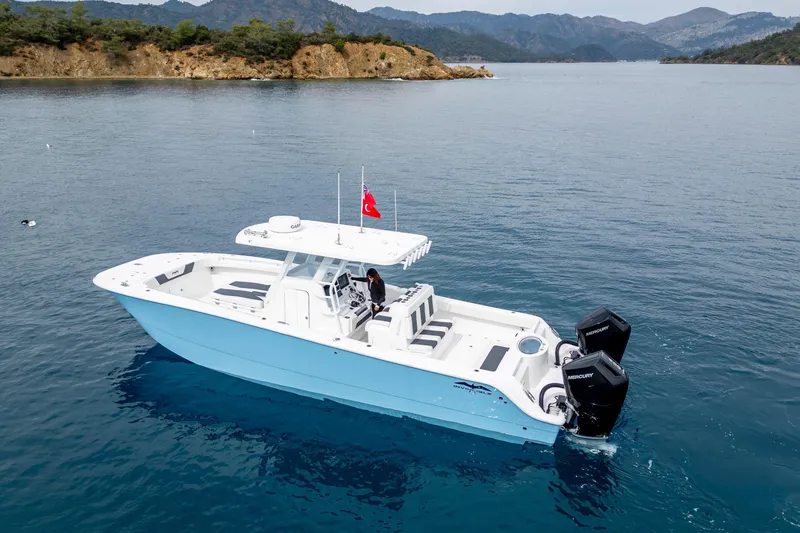 Slide: The Image of 2024 Invincible 33 Catamaran on calm waters with scenic coastal backdrop. - 3