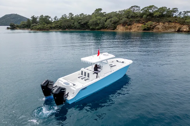 Slide: The Image of 2024 Invincible 33 Catamaran cruising on serene waters near a forested shoreline. - 4