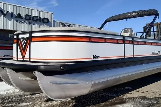 The Image of 2026 Viaggio Lago V22U pontoon boat with sleek design and vibrant orange accents. - 0