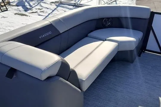 Slide: The Image of Luxurious seating on 2026 Viaggio Lago V22U boat, featuring sleek gray upholstery. - 10