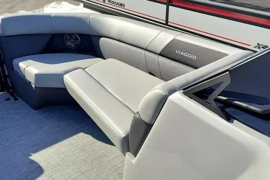 Slide: The Image of 2026 Viaggio Lago V22U boat interior with sleek gray seating and modern design. - 14