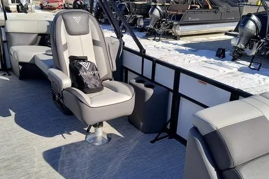 Slide: The Image of 2026 Viaggio Lago V22U pontoon boat interior with luxurious seating and modern design. - 15