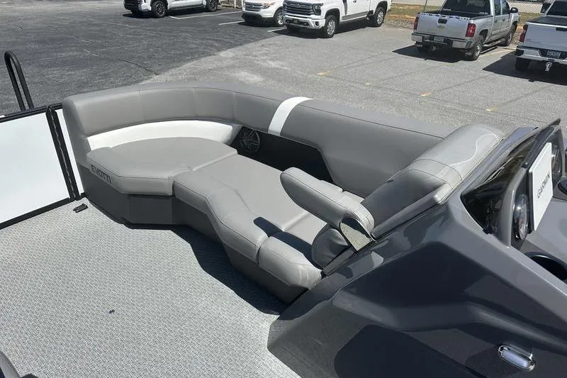 Slide: The Image of Luxurious seating on 2026 Evotti 523QL boat, featuring sleek gray upholstery. - 9