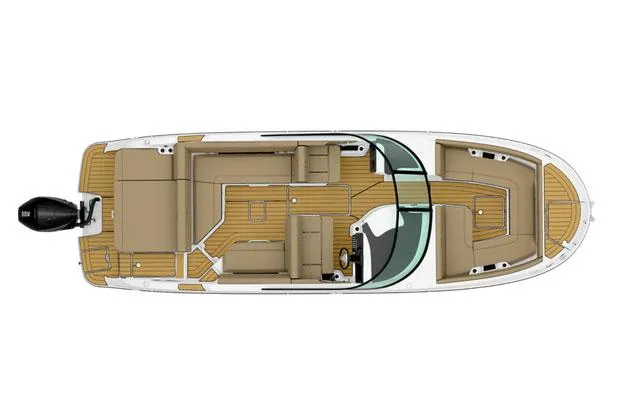 Slide: The Image of 2026 Sea Ray SDX 270 Outboard boat with beige seating, docked near a building. - 8