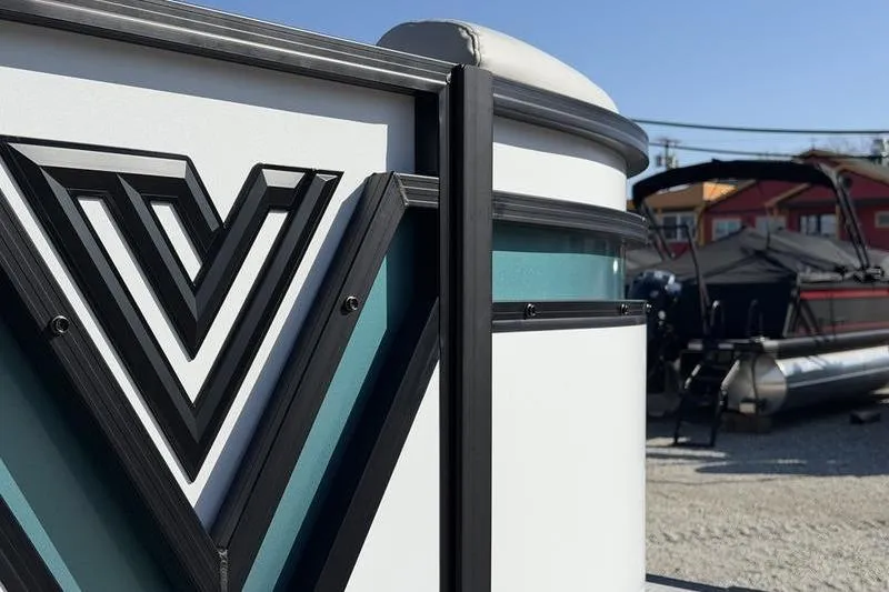 Slide: The Image of Close-up of 2026 Viaggio Lago V22S pontoon boat with sleek design details. - 2