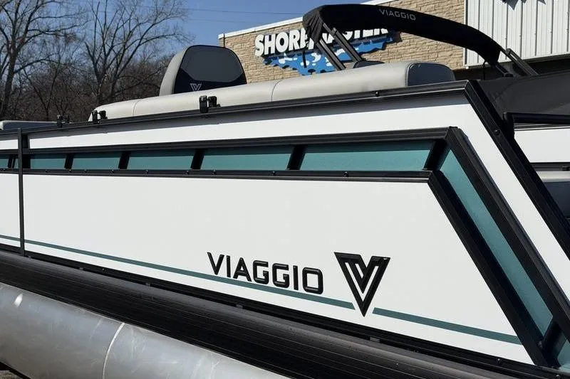 Slide: The Image of 2026 Viaggio Lago V22S pontoon boat with sleek design and branding. - 4