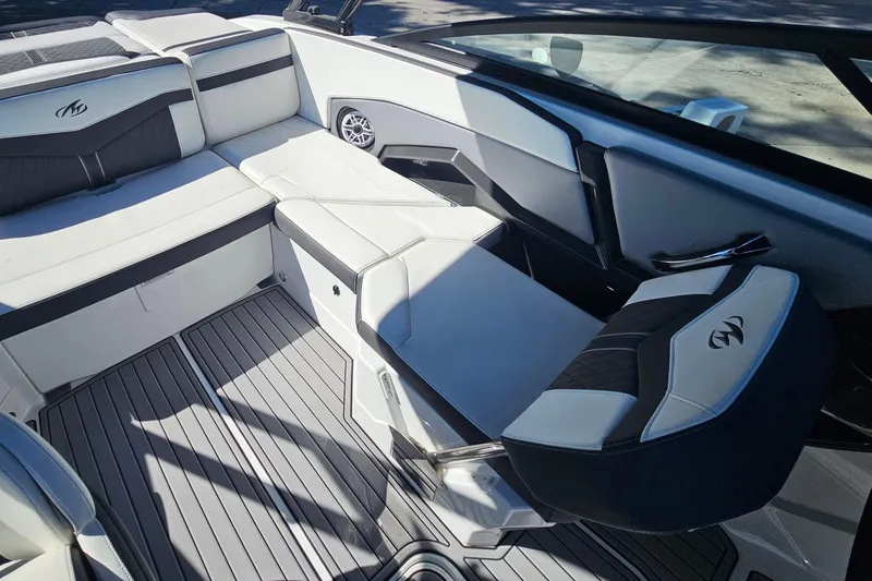 Slide: The Image of Interior of a 2017 Monterey 238SS Super Sport boat with sleek seating and modern design. - 17