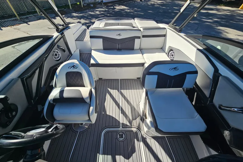 Slide: The Image of 2017 Monterey 238SS Super Sport boat interior with stylish seating and modern design. - 21